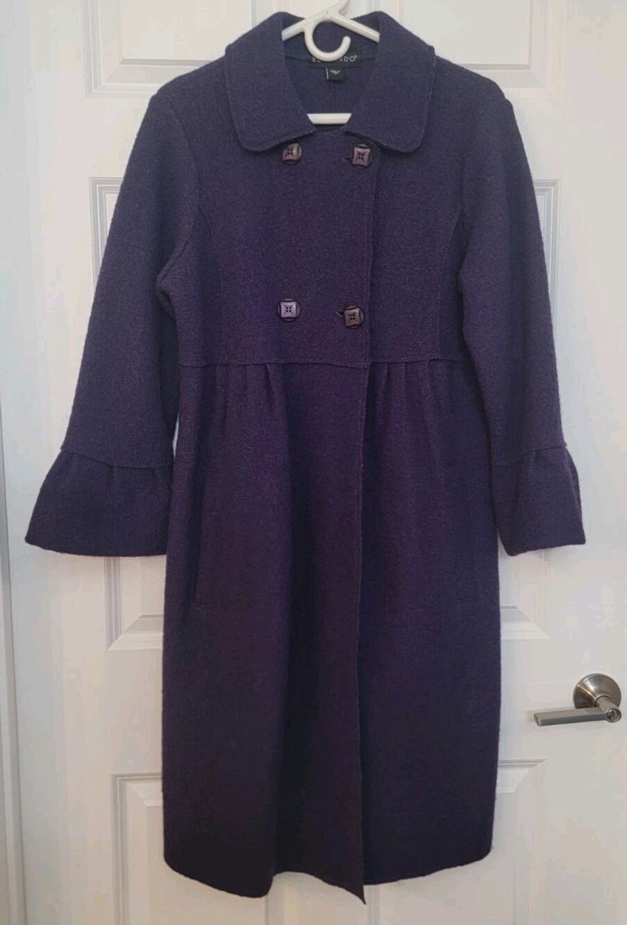 Bernardo Women M Purple 100% Wool A-Line Coat Double Breasted Bell Sleeve Ruffle
